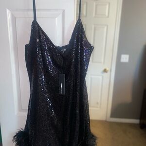 Black Sequin Dress with Feather Trim